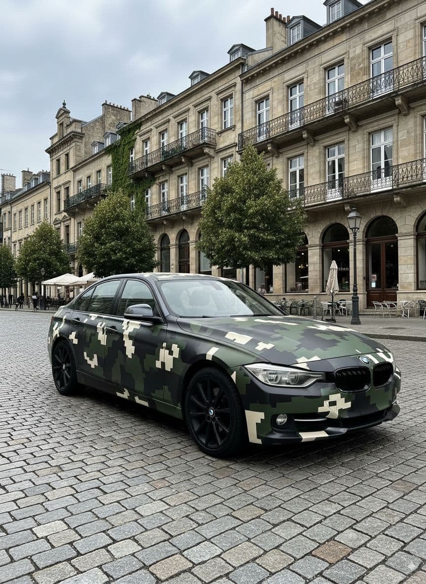 AI generated camo vinyl wrap on BMW 3 Series