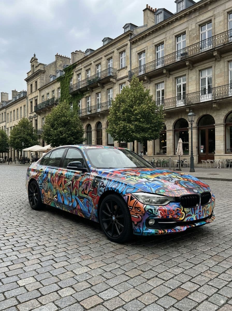 AI generated graffiti vinyl wrap preview on BMW 3 Series