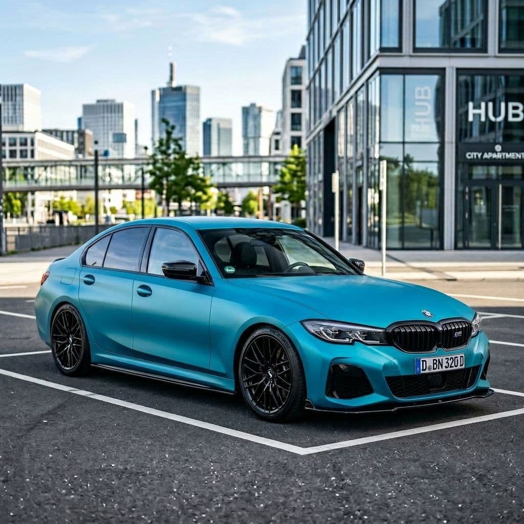 BMW 3 Series with Miami Blue paint job - AI generated preview