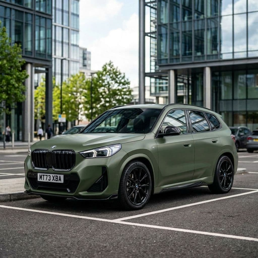 BMW X1 with Army Green paint job - AI generated preview