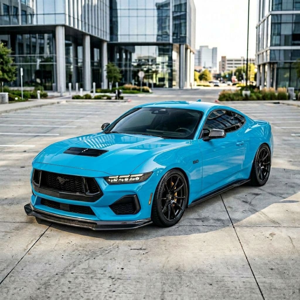 Ford Mustang with Miami Blue paint job - AI generated preview