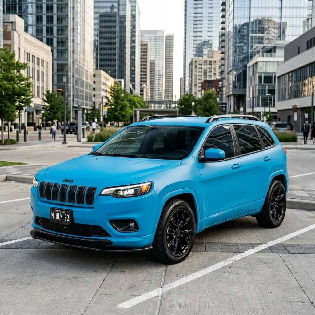 Jeep Cherokee with Miami Blue paint job - AI generated preview