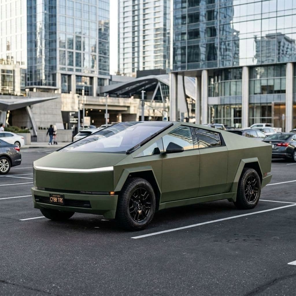 Tesla Cybertruck with Army Green paint job - AI generated preview