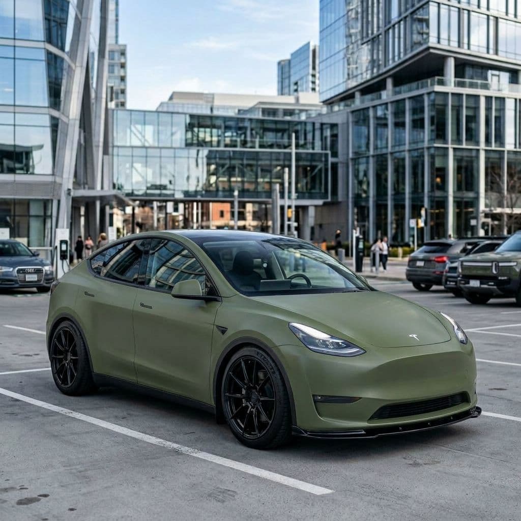 Tesla Model Y with Army Green paint job - AI generated preview