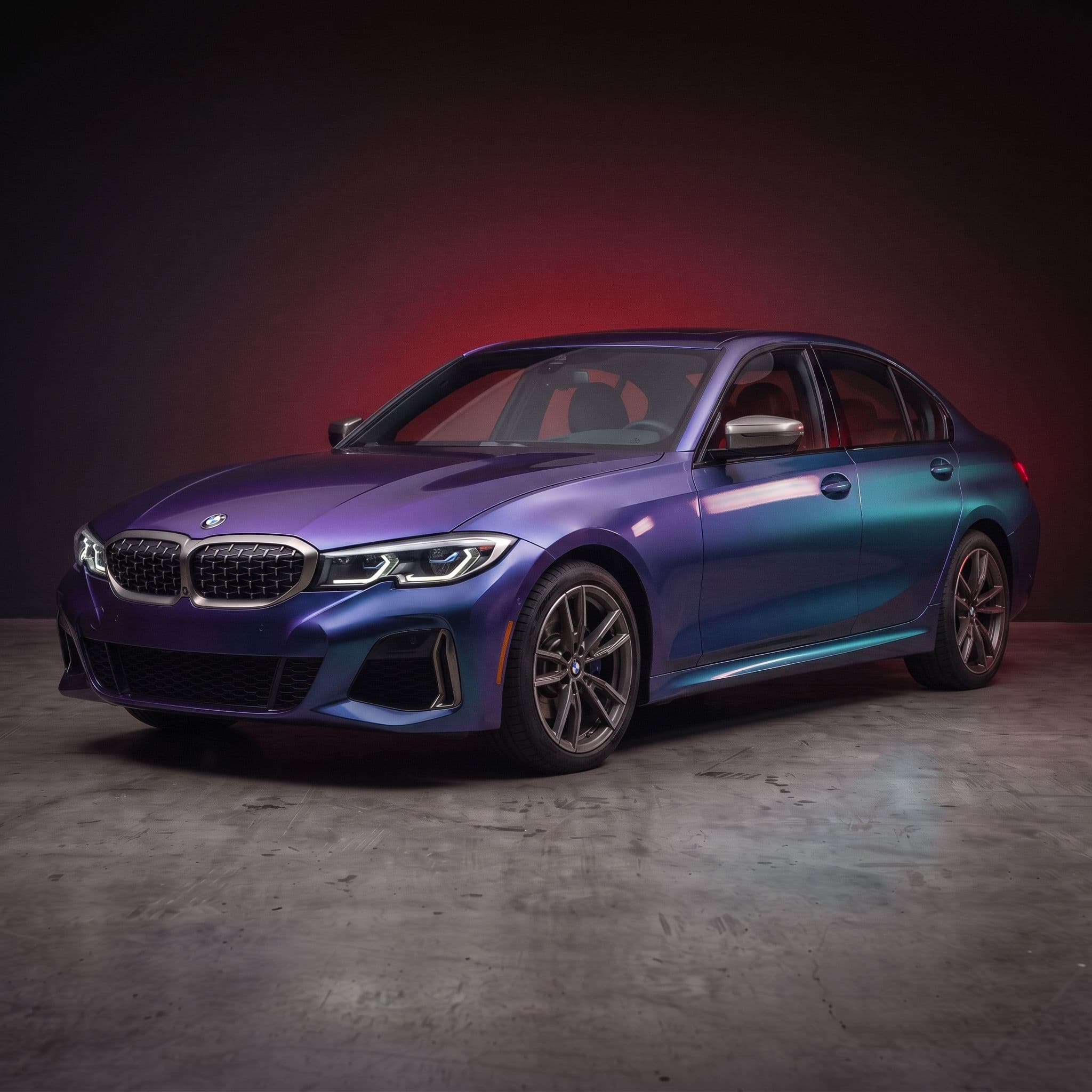 AI generated colour-shift vinyl wrap preview on BMW 3 Series