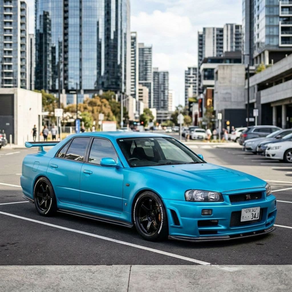 Nissan Skyline with Miami Blue paint job - AI generated preview