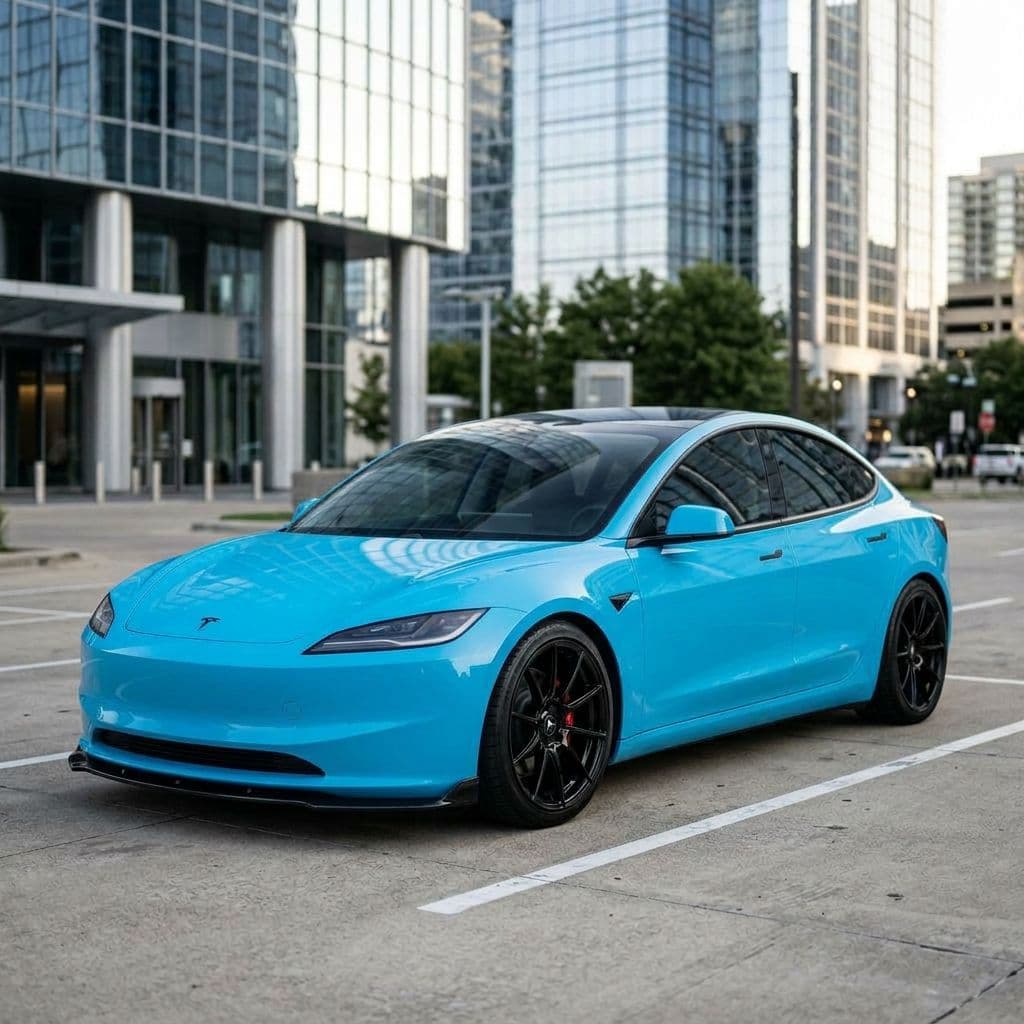 Tesla Model 3 with Miami Blue paint job - AI generated preview